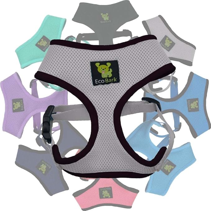 EcoBark Dog Harness - Eco-Friendly Max Comfort Harnesses - Luxurious Soft Mesh Halter - Over the Head Harness Vest- No Pull and No Choke for Small, Toy Breed, and Teacup Dogs (XS, Gray)