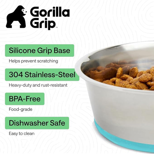 GORILLA GRIP Dog Bowls, Food Grade 304 Stainless Steel Holds 4 Cups Each (32 fl oz) Food and Water Bowl for Feeding Dogs and Cats Dishwasher Safe Rust Resistant BPA Free Rubber Base Set of 2 Turquoise