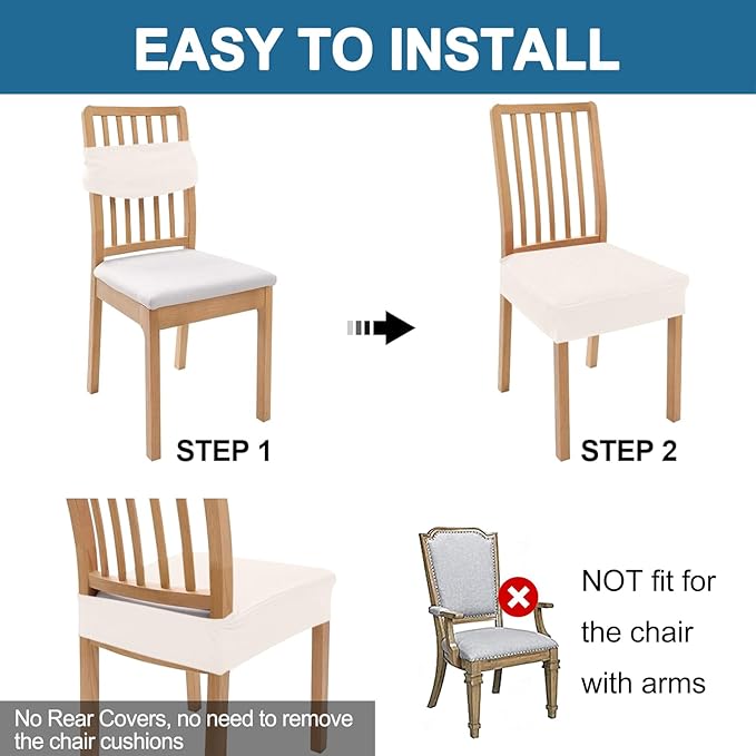 Smiry Waterproof Seat Covers for Dining Room Chairs Set of 8, Stretch Jacquard Removable Washable Chair Seat Slipcovers Protector, No Rear Covers, Ivory