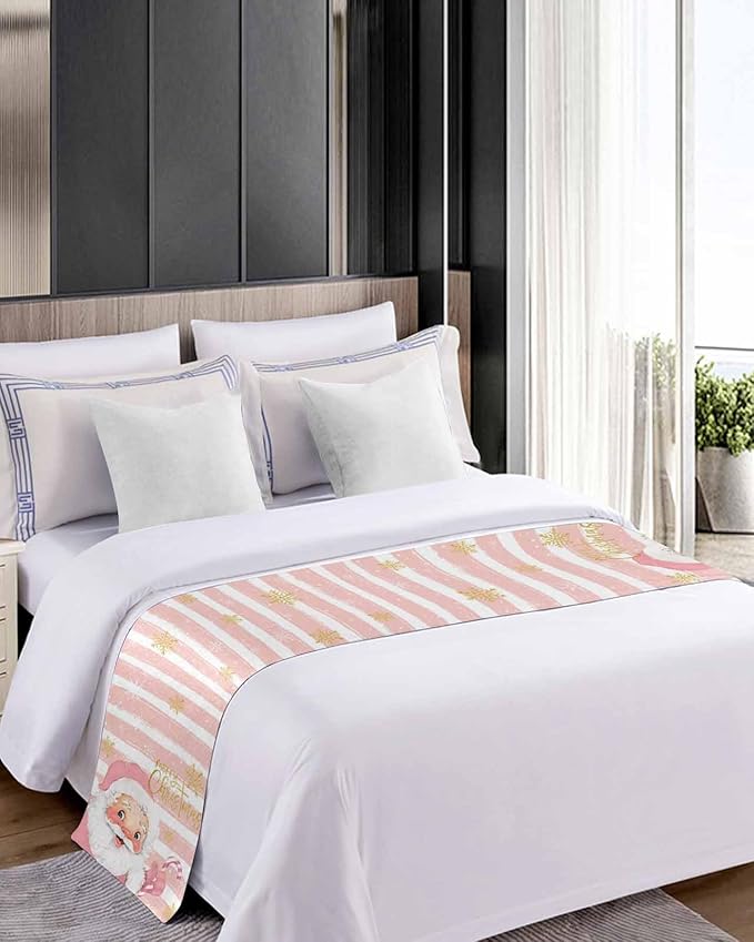 Pink Santa Christmas Bed Runner for Cal.King Size Bed, Xmas Decorative Bed Scarf Throws for Foot of Bed, Snowflake Pink White Striped Luxury Bedding Slipcover Bed Runners for Home, 102 x 20 Inch