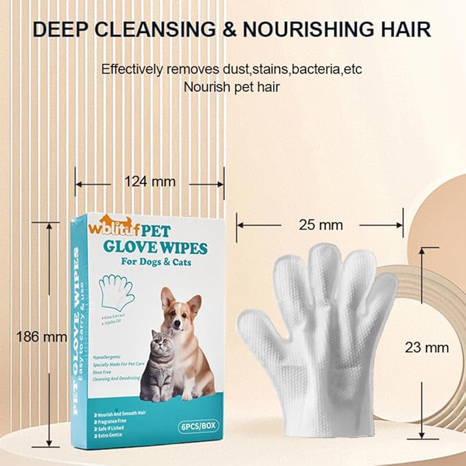 Pet Cleaning Glove Wipes 6 Count | Individually Wrapped Disposable Grooming Glove Wipes with Aloe & Jojoba Oil, Waterless No-Rinse Odor Control, Lick-Safe Five-Finger Design for Dogs&Cats