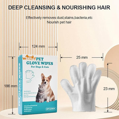 Pet Cleaning Glove Wipes 6 Count | Individually Wrapped Disposable Grooming Glove Wipes with Aloe & Jojoba Oil, Waterless No-Rinse Odor Control, Lick-Safe Five-Finger Design for Dogs&Cats