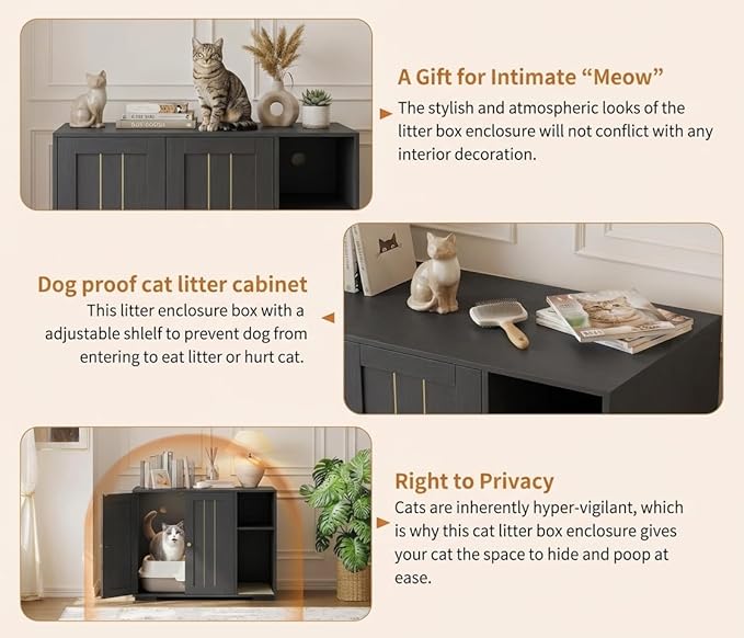 GAOMON Large Litter Box Enclosure Cabinet for Litter Robots, Cat Litter Furniture with Dog-Proof Shelf and Built-in Power Outlet, 5 Ft Power Cord, Fits Most Self-Cleaning Litter Boxes, Black