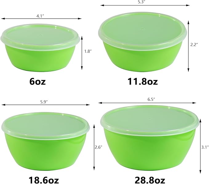 Set of 4 Plastic Prep Bowls with Lids，Microwave and Dishwasher Safe,Ideal for Baking, Prepping, Cooking and Serving Food (Green)