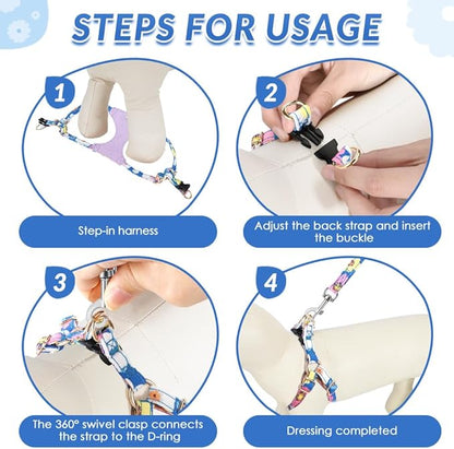 SlowTon No Pull Dog Harness with Leash - Soft Lightweight Floral Pattern Puppy Harness, Adjustable Pet Harness for Small Medium Dogs (Blue Flower S)