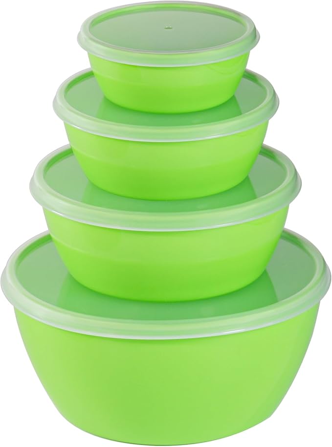 Set of 4 Plastic Prep Bowls with Lids，Microwave and Dishwasher Safe,Ideal for Baking, Prepping, Cooking and Serving Food (Green)