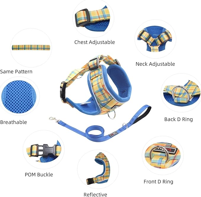 THAIN Reflective Dog Harness & Leash Set – No-Pull Design, Adjustable & Comfortable for Small Dogs (XS, Yellow Plaid)