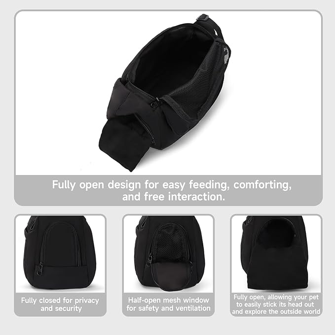 Dog Carrier Sling, Cat Sling Carrier, Adjustable Soft Padded Shoulder Strap with Storage Pocket, Small Dog and Cats Sling Carriers up to 10 lbs, Hands-Free Pet Carrier for Travel Hiking Walking Black
