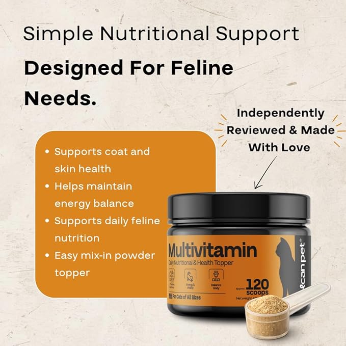 Cat Multivitamin Powder – Daily Nutritional Topper with 17 Active Nutrients, Taurine, Omega 3 & Glucosamine – Supports Energy and Overall Vitality – Cat Supplements – 120 Scoops