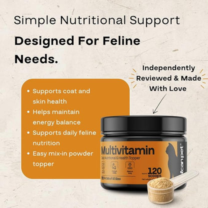 Cat Multivitamin Powder – Daily Nutritional Topper with 17 Active Nutrients, Taurine, Omega 3 & Glucosamine – Supports Energy and Overall Vitality – Cat Supplements – 120 Scoops
