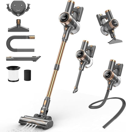 Cordless Vacuum Cleaner, 10-in-1 Lightweight Stick Vacuum with 45mins Runtime, Powerful Suction, LED Touch Screen, Rechargeable Vacuum Cleaners for Home Hardwood Floor Carpet Pet Hair (Gold)