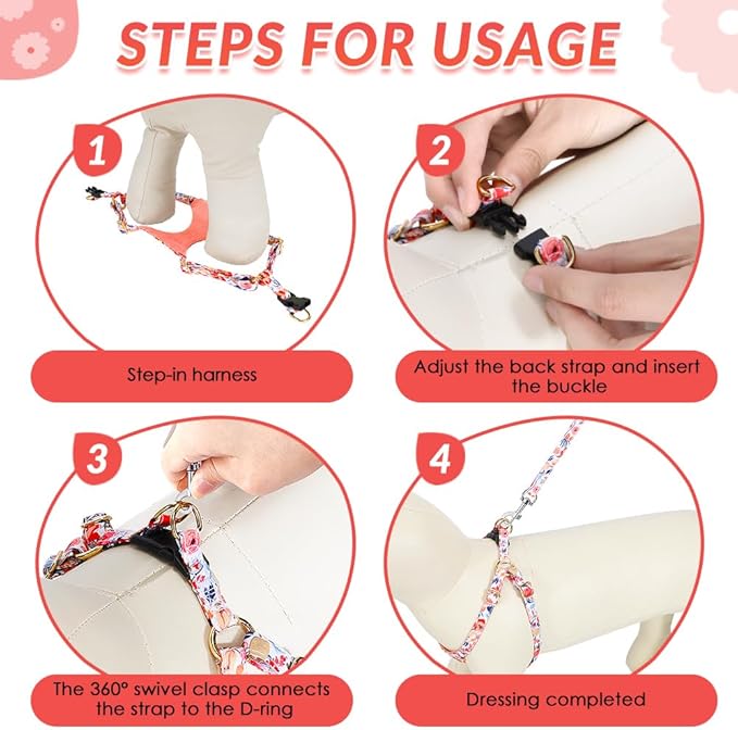 Lukovee Puppy Harness and Leash Set, No Pull Lightweight Soft Suede Adjustable Pet Harness Vest with Snap Buckle for Puppy Small and Medium Size Dog (Flower-XS)