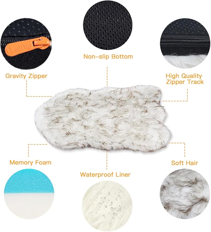 Laifug Luxury Faux Fur Orthopedic Dog Bed, Memory Foam Dog Bed, Suitable for Medium, Large and Extra Large Pets, Waterproof, Removable and Washable Cover (White with Brown Piping, 50x30 inches)