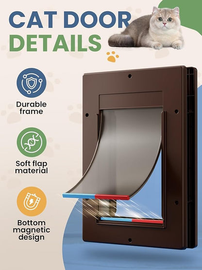Cat Door, Cat Door Interior Door with Soft Magnetic Flaps, Sliding Panel Closure, Telescoping Tunnel, Easy DIY Installation Kitty Door, Exterior Cat Doors for Cats Up to 20 lbs, Brown