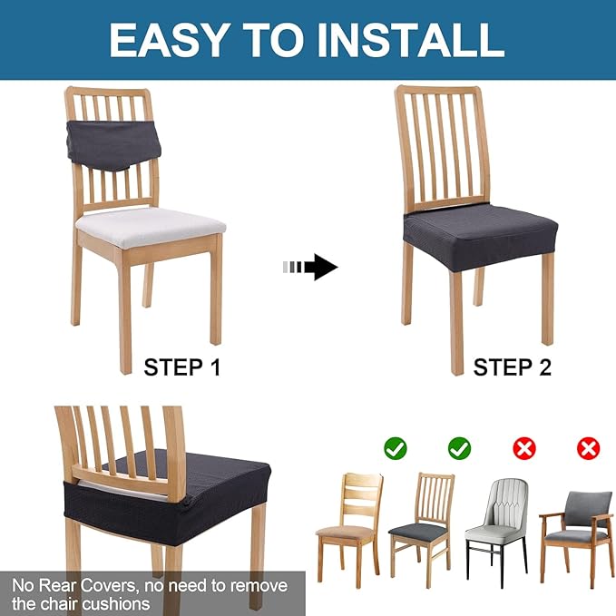 Smiry Waterproof Seat Covers for Dining Room Chairs Set of 4, Stretch Jacquard Removable Washable Chair Seat Slipcovers Protector, No Rear Covers, Dark Grey