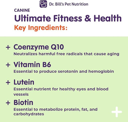 Dr. Bill’s Canine Ultimate Fitness & Health Vitamins for Dogs | Multivitamin for Dogs w/Coenzyme Q-10, Vitamin E, Vitamin D-3, Biotin, Folic Acid, Hyaluronic Acid Dog Vitamins and Supplements 340g