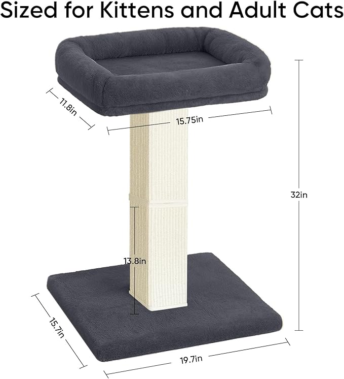 AGYM Cat Scratching Post, 32”Cat Scratcher with Large Plush Perch, Sisal & Carpet Scratching Post, Vertical Posts with Elevated Bed for Indoor Cats, Removable& Washable Cover, Darkgrey