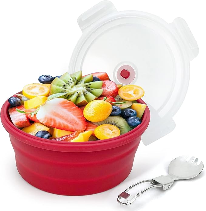 1200ml Large Camping Bowl with Foldable Spoon, Collapsible Bowl With Lid, Silicone Bento Box Container, For Travel Camping Meal Prep & Food Storage, Microwave Dishwasher Safe, Red