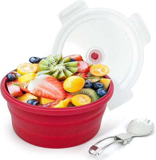 1200ml Large Camping Bowl with Foldable Spoon, Collapsible Bowl With Lid, Silicone Bento Box Container, For Travel Camping Meal Prep & Food Storage, Microwave Dishwasher Safe, Red