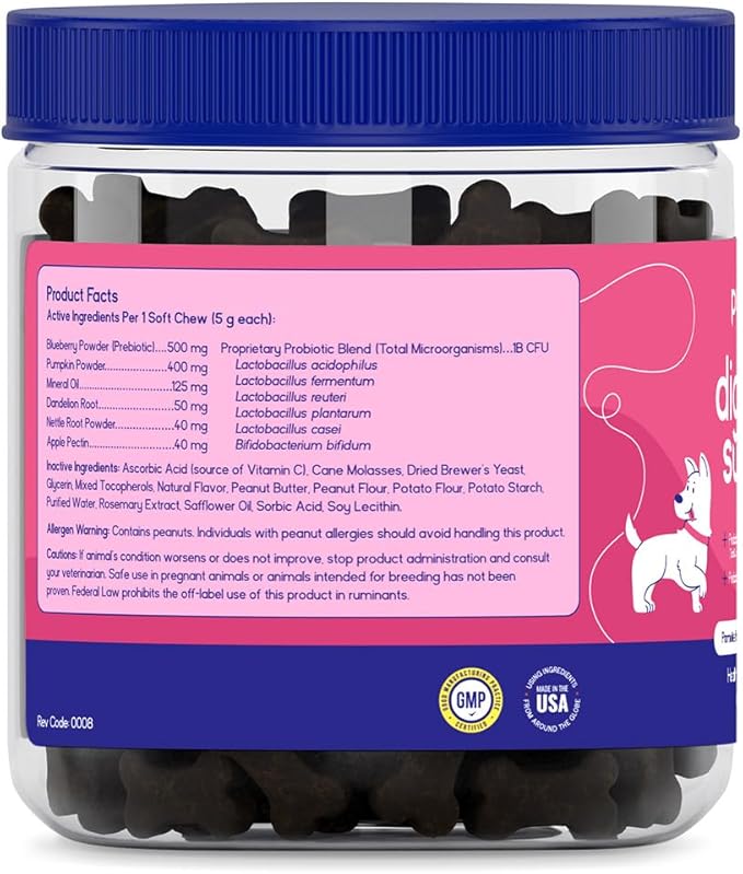 PupGrade Digestive Support for Dogs - Prebiotic + Probiotic Supplement with Enzyme Blend - Gut and Immune Support - Pumpkin, Blueberry, Mineral Oil, Peanut Butter Flavor - 60 Soft Chews