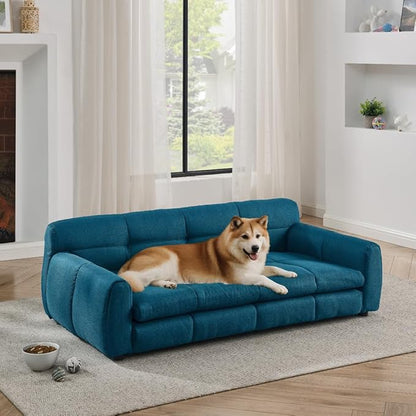 Dog Couch Bed with Backrest and Armrest, Durable Pet Sofa with Soft Foam Cushion, Elevated Dog Couch Bed with Legs for Medium and Large Dogs, Blue