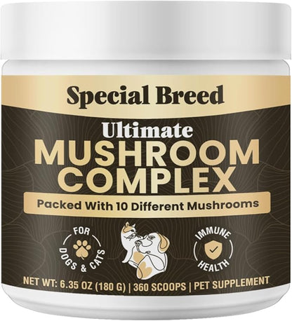 Mushroom Powder for Dogs & Cats - Organic Mushroom Complex for Immunity Support, Immune Function, Cognition, Vitality - Ten Mushroom Supplement with Turkey Tail, Lion's Mane, Reishi - 360 Scoops