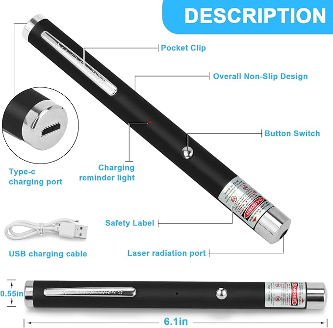 Cat Laser Pointer for Cats USB Rechargeable Dogs Pet Interactive Toys Indoor Outdoor Chaser Tease Green Red Light Blue Violet Laser Pen Kitten Training (Green, 1 PCS Pack Laser Pointer)