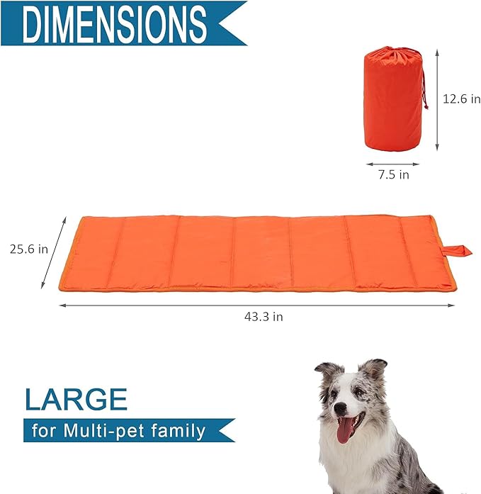 BDEUS Travel Dog Bed, Outdooor Camping Pet Mat, Portable Place Mat with Handle, Easy to Clean, Waterproof & Portable and Odor Resistant Pet Cooling Pad (Large 43" x 25", Orange)