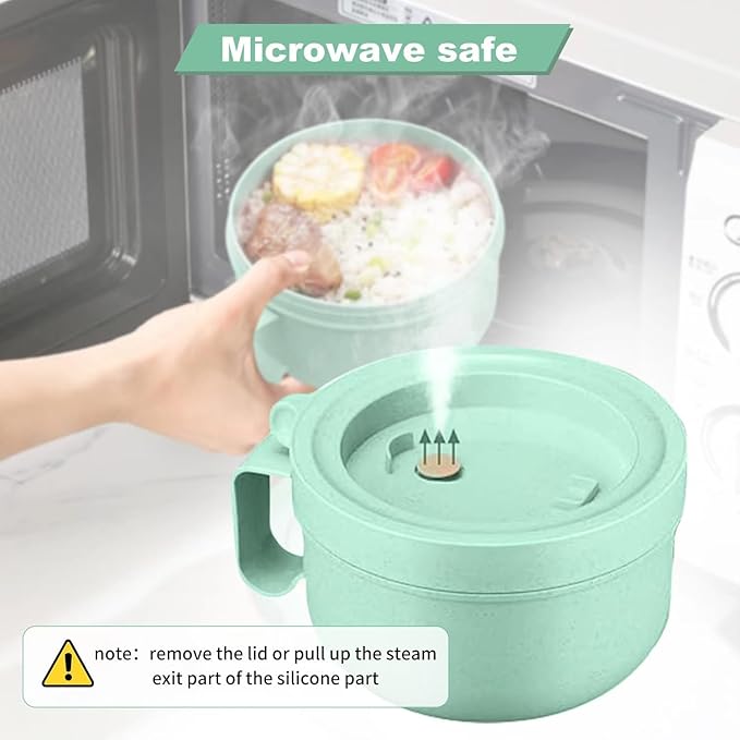 Rarapop 28.7oz Microwave Soup Bowl Containers with Lids, Wheat Straw Ramen Noodles Cup Mug for Instant Noodles,Oatmeal, Gumbo, Salad,Crunch,Cereal & More - Easy-Grip Design, Green