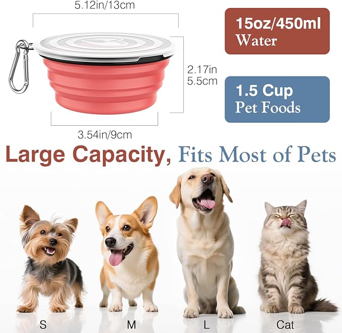 Pawaboo Collapsible Dog Bowls 2 Pack, Silicone Feeding Watering Bowls with Lids & Carabiners for Dogs Cats, Portable Water Feeder Food Bowl for Walking Traveling Home Use, Light Pink + Blue