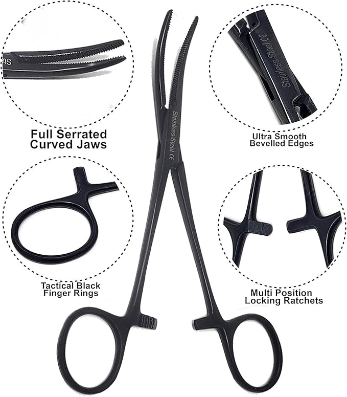 Dog Pet Ear/Nose Hair Puller Grooming Hemostat Locking Forceps Curved Pliers, 5.5" (14cm) Full Serrated Clamps Stainless Steel (All Black)