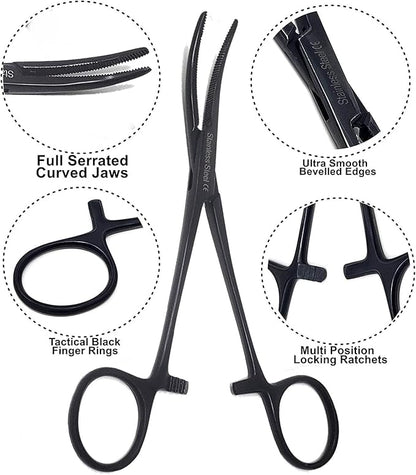 Dog Pet Ear/Nose Hair Puller Grooming Hemostat Locking Forceps Curved Pliers, 5.5" (14cm) Full Serrated Clamps Stainless Steel (All Black)