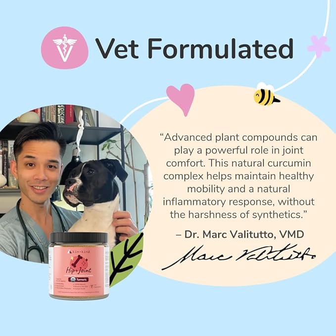 kin+kind Hip and Joint Supplement for Dogs & Cats – Vet Formulated Natural Joint Support with Organic Turmeric, Black Pepper & Coconut – Dog Essentials & Cat Essentials – Made in USA – 3x4 oz (Medium)