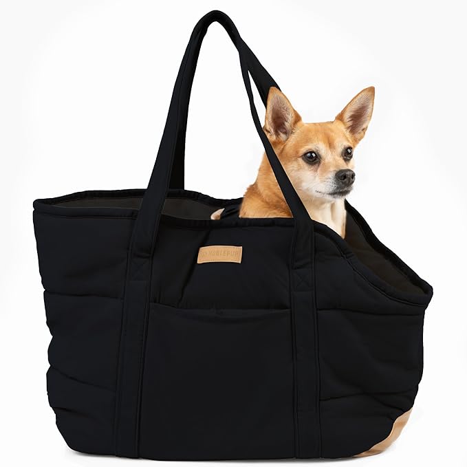Plush Dog Purse Carrier for Small Dogs, Soft Tote Bag with Safety Harness Clip, Cozy Pet Carrier for Dogs Under 15 lbs, Comfortable Shoulder Carrier for Travel, Black 2.0