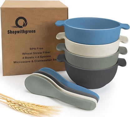 shopwithgreen Unbreakable Kids Bowls -Microwave Dishwasher Safe- Wheat Straw Snack Bowl Sets for Kids and Toddler-4 Bowls and 4 Spoons, Lightweight and Durable, 14 OZ