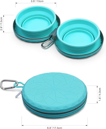 KALLAK Collapsible Silicone Twin Bowls with Zipper Silicone Case, 2 in 1 Portable Travel Dog Feeder, Pop Out Non-Skid Food and Water Bowl with Carabiner Clip
