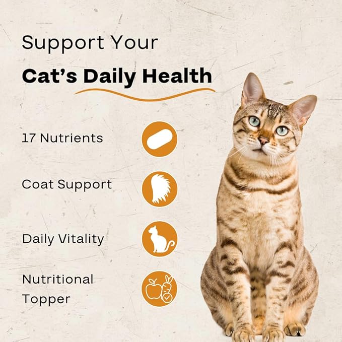 Cat Multivitamin Powder – Daily Nutritional Topper with 17 Active Nutrients, Taurine, Omega 3 & Glucosamine – Supports Energy and Overall Vitality – Cat Supplements – 120 Scoops