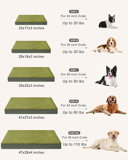 KSIIA Orthopedic Dog Bed Crate Waterproof Pet Mats for Medium Dogs Deluxe Plush Washable Pet Bed with Egg Crate Foam & Removable Cover, 29 x 18 Inch, Green