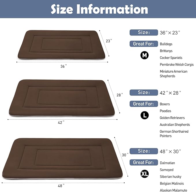 JoicyCo Dog Bed Soft Dog Crate Bed Pad Mat, 48 in Non Slip Bottom Washable Beds for Extra Large Dogs, Pet Bed Mattress Kennel Pad, Dark Brown
