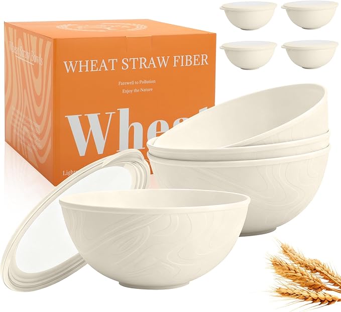 Wheat Straw Bowls Set with Lids, Unbreakable 40 OZ Large Cereal Bowls Set of 4, Salad Container for Lunch, Microwave & Dishwasher Safe Bowl Set for Kitchen, Picnic, RV, Camping, Beige