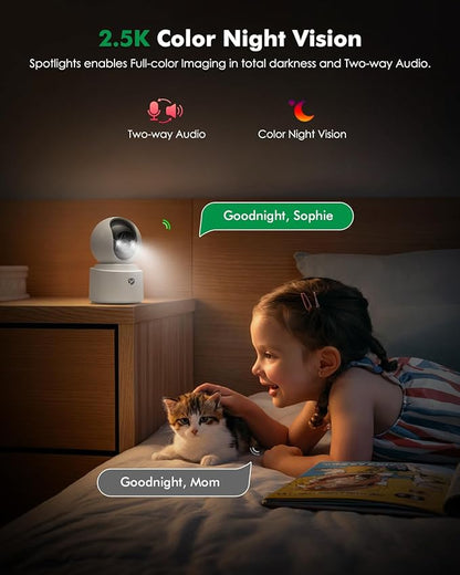 Battery Powered Indoor Camera Wireless 2 Pack, PTZ Pet Camera with 6000mAh Rechargeable, Dual-Band WiFi, 2.5K Color Night Vision, SD/Cloud Storage, 2-Way Audio, APP Remote, Cat/Dog/Home Monitoring