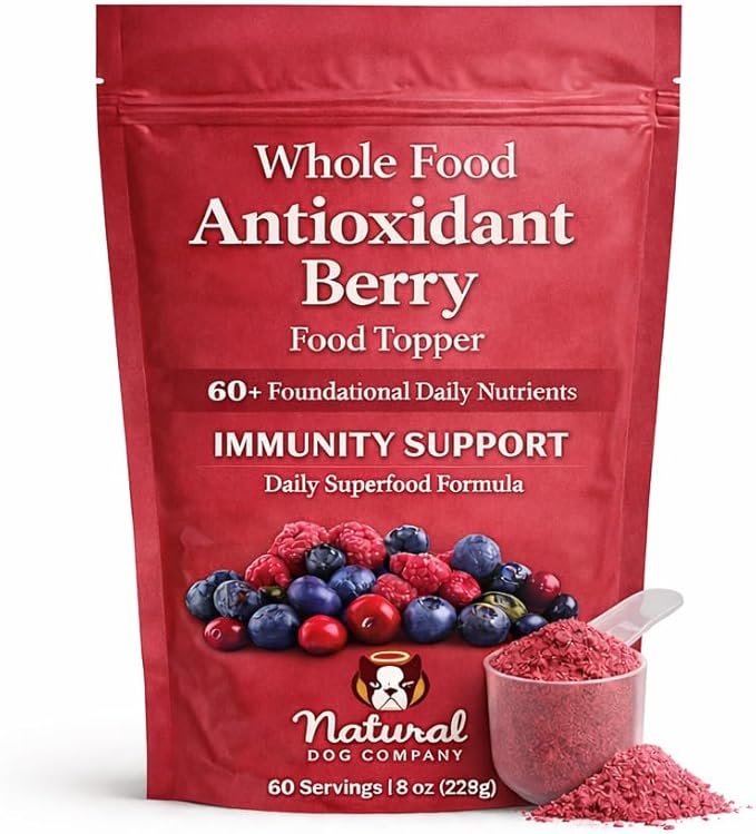 Natural Dog Company Dog Food Topper, Antioxidant Berry Vitamins & Superfood Meal Topper Supplement, Holistic Nutrition, Dog Food Seasoning, Immune Support, All Breeds, Ages, & Sizes of Dogs, 8oz Bag