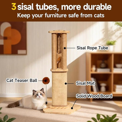 Cat Scratching Post for Indoor Cats,Kitten sisal Scratch Post for Cute Small Medium Adults cat,Rope Scratcher with Ball (27" H)