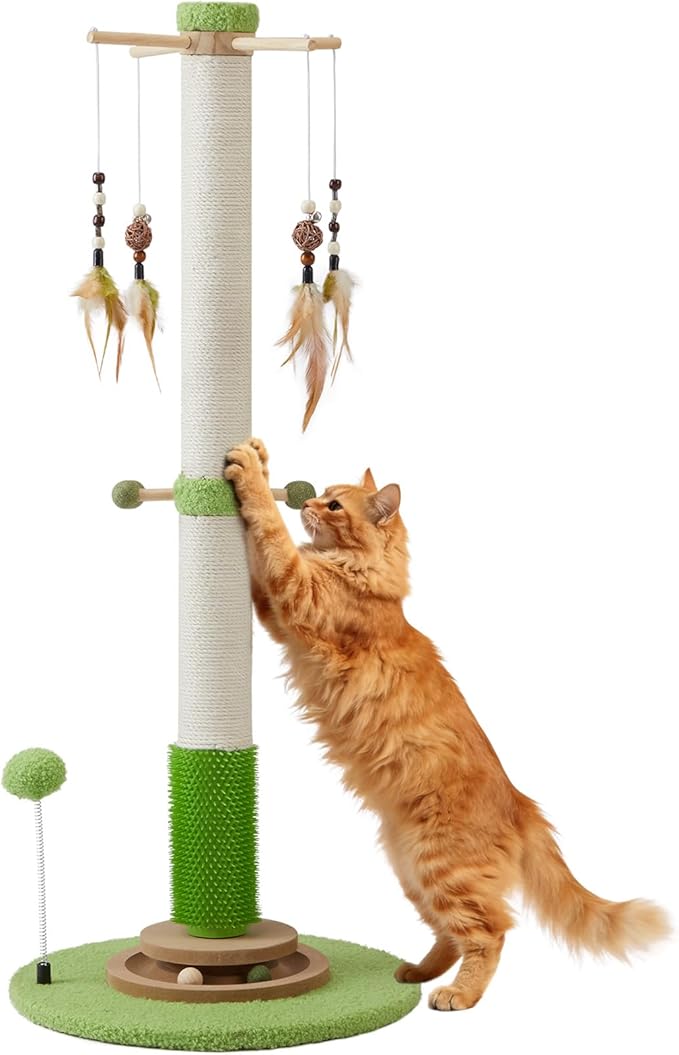 Cat Scratching Post, 38 Inch Tall Scratching Posts for Indoor Cats Adults and Kittens, Sisal Cat Scratch Post with Rotatable Hanging Toys, Rubber Brush, Mint Balls and Interactive Wooden Ball Track