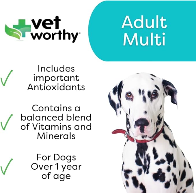 Vet Worthy Adult Multi Vitamins - Multivitamin for Dogs to Support Optimum Health and Overall Wellness - Dog Supplement with Iron, Magnesium, Zinc, Vitamin A, B Vitamins - Liver Flavor, 60 Tablets