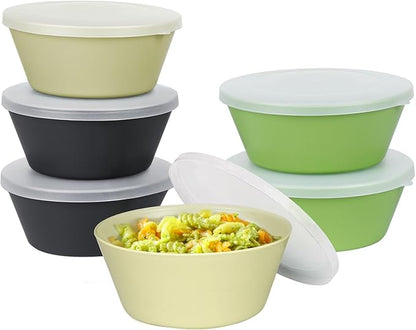 shopwithgreen Plastic Cereal Bowls with Dust-Proof Lid, Resuable Bowls for Kitchen, Set of 6, Microwave and Dishwasher Safe, for Soup, Oatmeal, Ramen, RV, Camping, Kids, College Dorm Room, 26 OZ