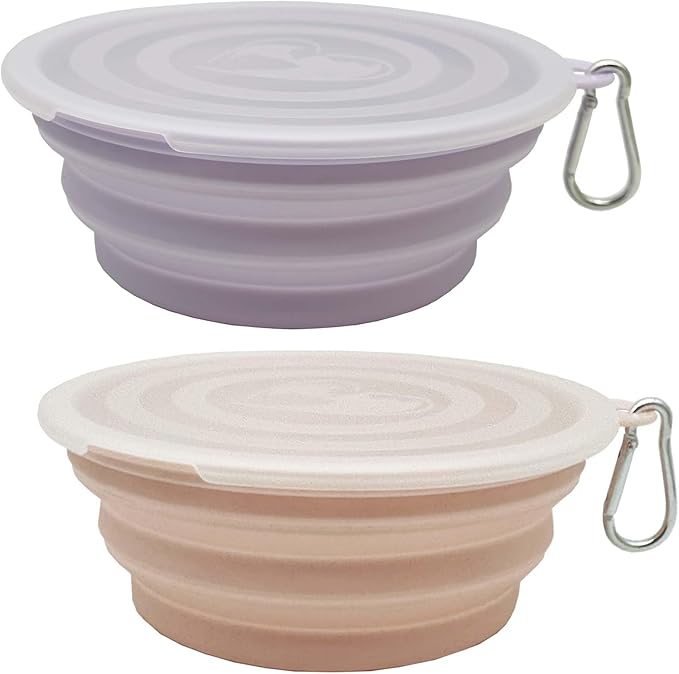 Medium Collapsible Dog Bowl 23oz,2 Pack Portable and Foldable Pet Travel Bowls with 2 Carabiners & Lids for Dogs Cats and Small Animals (Macaron Purple+Pink, 650ml)