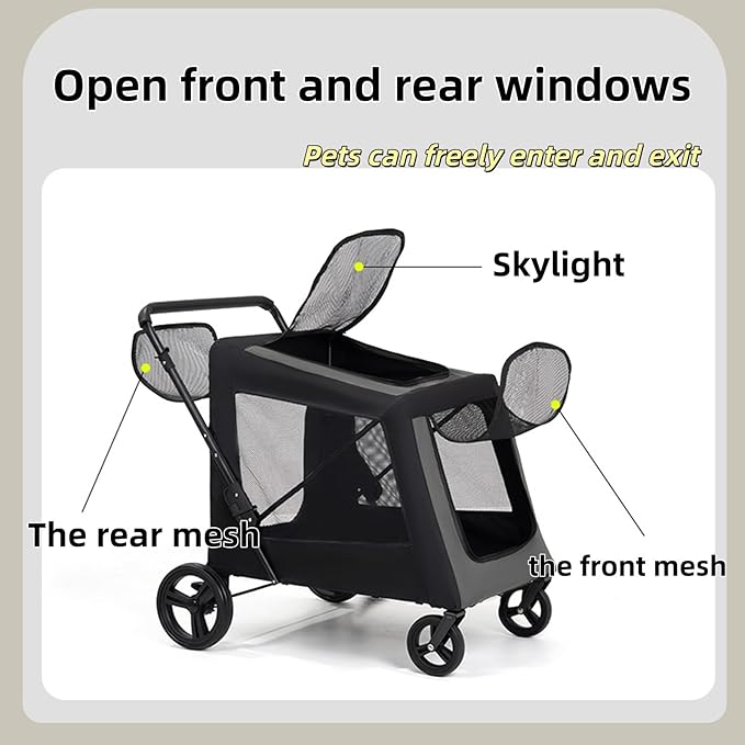 Extra Large Dog Stroller for Large Dogs Up to 130 lbs, Heavy Duty Pet Stroller with Breathable Mesh, Easy Fold Travel Pet Cart with Cup Holder, Adjustable Handle, Secure Safety Belts