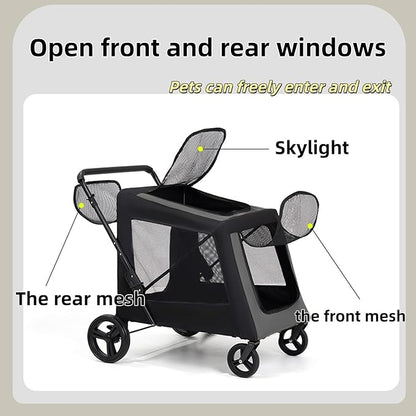Extra Large Dog Stroller for Large Dogs Up to 130 lbs, Heavy Duty Pet Stroller with Breathable Mesh, Easy Fold Travel Pet Cart with Cup Holder, Adjustable Handle, Secure Safety Belts