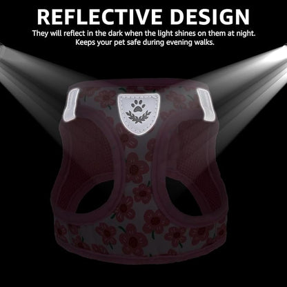 SCENEREAL Small Dog Harness and Leash Collar Set, Step in Soft Light Puppy Vest, Breathable Pet Harness for Small Sized Dogs, No Chock Reflective for Safe Outdoor Walking, Pink Flower M